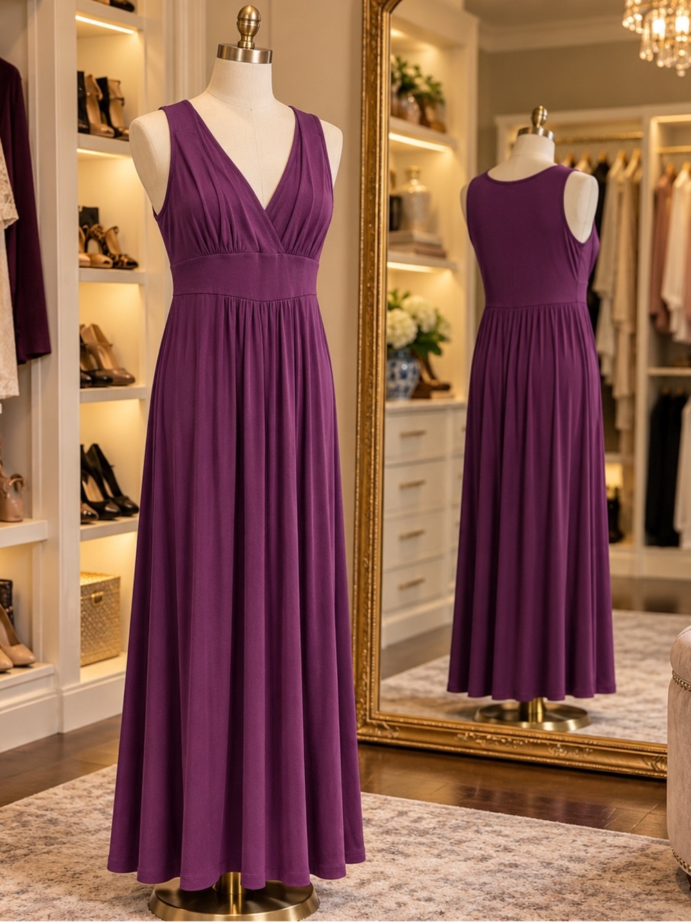 Loveappella Plum Purple Surplice V-Neck Empire Waist Maxi Dress Petite M
